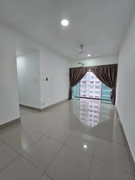 Living features: white painted walls, glossy ceramic tile flooring, 5-blade ceiling fan with light, floor-to-ceiling windows, sheer curtains, curtains in brown, recessed downlights; style: modern; view: city.