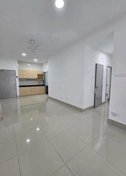 Room features: white painted walls, glossy ceramic tile flooring, ceiling fan, recessed downlights, kitchen cabinetry, open layout, door to hallway, door to kitchen area, large windows, neutral color scheme; style: modern.
