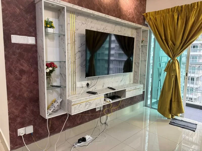 Living features: marble feature wall, wall-mounted TV, floating TV console, decorative shelving, green curtain, large glass sliding door, tile flooring, decorative plants, visible electrical outlets, cable management, natural light from window; style: modern; view: city.
