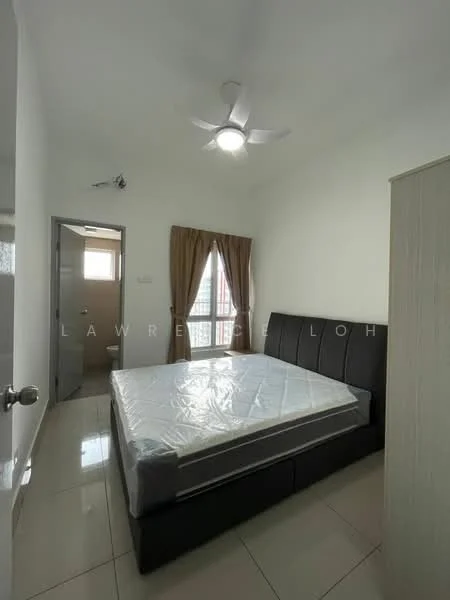 Bedroom features: queen-size bed, upholstered headboard, ceiling fan with light, window with sheer curtains, light-colored walls, glossy tile flooring, built-in wardrobe, decorative wall, natural light from window; style: modern; view: city.