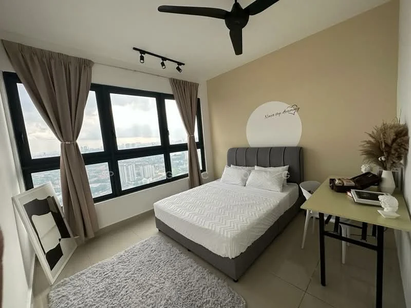 Bedroom features: queen-size bed, upholstered headboard, white bedding, floor-to-ceiling windows, curtains in beige, ceiling fan with light, light grey area rug, small study desk, chair, decorative wall art, decorative plant in vase; style: modern; view: city.