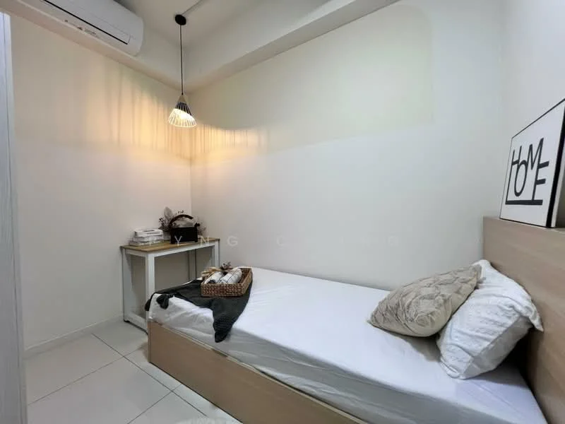 Bedroom features: single bed, white bedding, wooden bed frame, decorative throw pillows, pendant light fixture, white painted walls, tile flooring, small side table, wall-mounted air conditioning unit; style: modern.