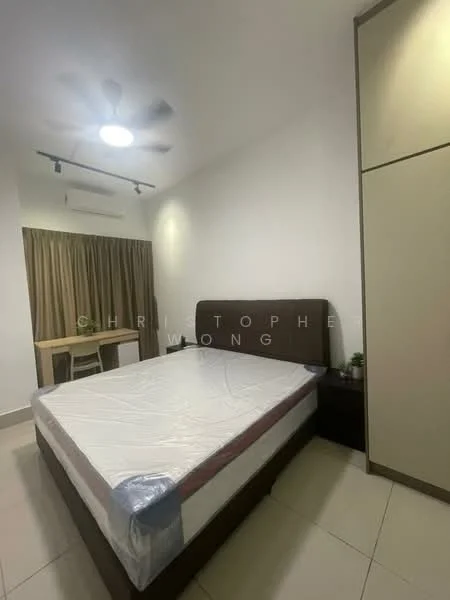 Bedroom features: queen-size bed, upholstered headboard, nightstand, ceiling fan, window with sheer curtains, built-in wardrobe, desk with chair, tile flooring, white painted walls, recessed lighting; style: modern.