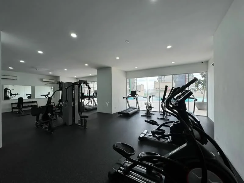 Room features: exercise equipment, treadmill, elliptical machine, stationary bike, weight training machine, mirrored wall, large windows, black rubber flooring, air conditioning units, natural light; style: modern; view: pool.