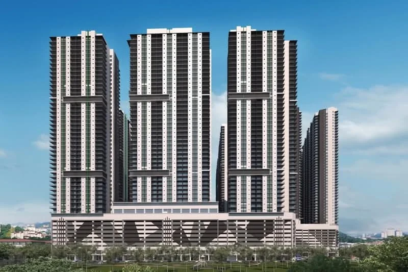 Exterior type: high-rise condominium; features: glass curtain wall, white painted facade, recessed balconies, projecting balconies, multiple towers, landscaped grounds, manicured lawn, surrounded by greenery; style: modern.