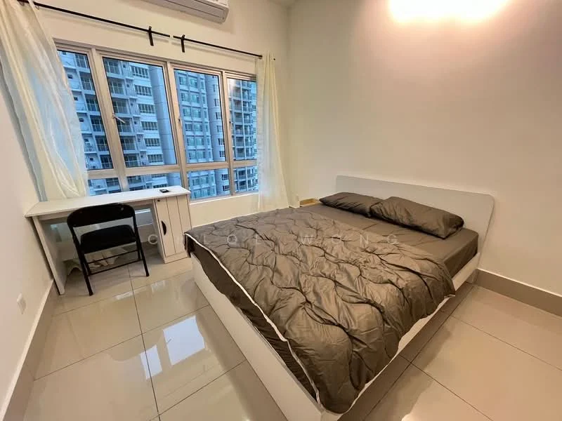 Bedroom features: queen-size bed with grey bedding, white bed frame, study desk with chair, floor-to-ceiling windows, curtains, wall-mounted air conditioning unit, glossy tile flooring, neutral painted walls, nightstand; style: modern; view: city.