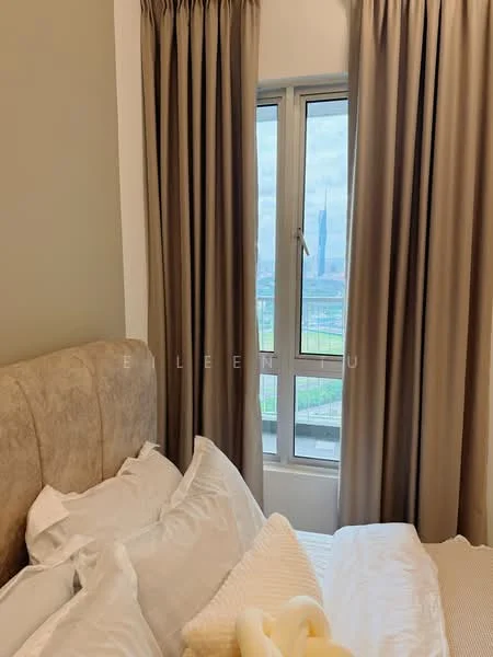 Bedroom features: king-size bed, upholstered headboard, white bedding, decorative pillows, floor-to-ceiling windows, curtains in beige, city view, nightstand, lamps on nightstand; style: modern; view: city.