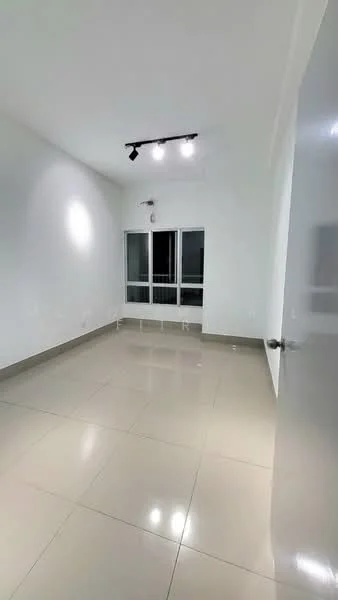 Room features: white painted walls, glossy ceramic tile flooring, recessed LED downlights, floor-to-ceiling windows, sliding glass door, neutral color scheme, no visible furniture, open layout; style: modern.