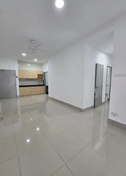 Room features: white painted walls, glossy ceramic tile flooring, ceiling fan, recessed downlights, kitchen cabinetry in light wood, open layout, doorways leading to other rooms, large windows for natural light; style: modern.