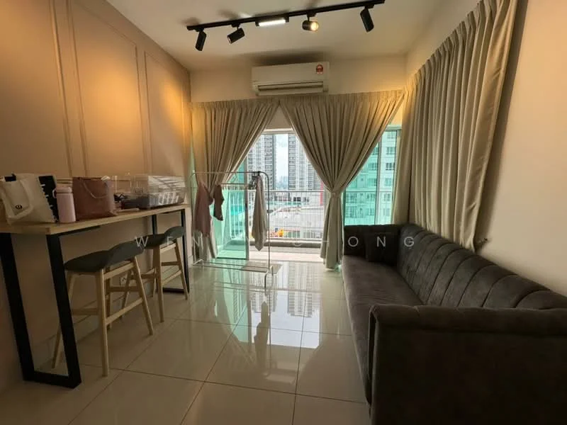 Living features: grey fabric sofa, glass coffee table, floor-to-ceiling windows, sheer curtains, recessed LED downlights, wall-mounted air conditioning unit, light-colored tiled flooring, clothes drying rack, bar table with stools; style: modern; view: city.