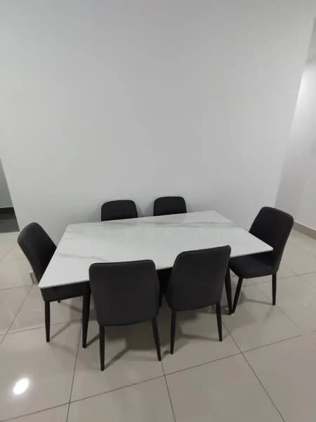 Dining features: marble dining table, 6-seater dining table, upholstered dining chairs in black, white walls, glossy tile flooring, neutral color scheme, modern design; style: modern.