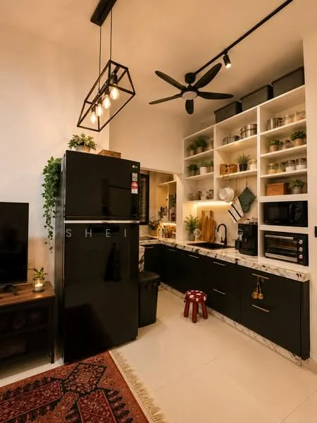 Kitchen features: black refrigerator, stainless-steel sink, chrome pull-down faucet, marble countertop, black cabinetry, open shelving, microwave, built-in oven, kitchen island, pendant lighting, 5-blade ceiling fan, decorative plants, area rug with geometric pattern; style: modern.