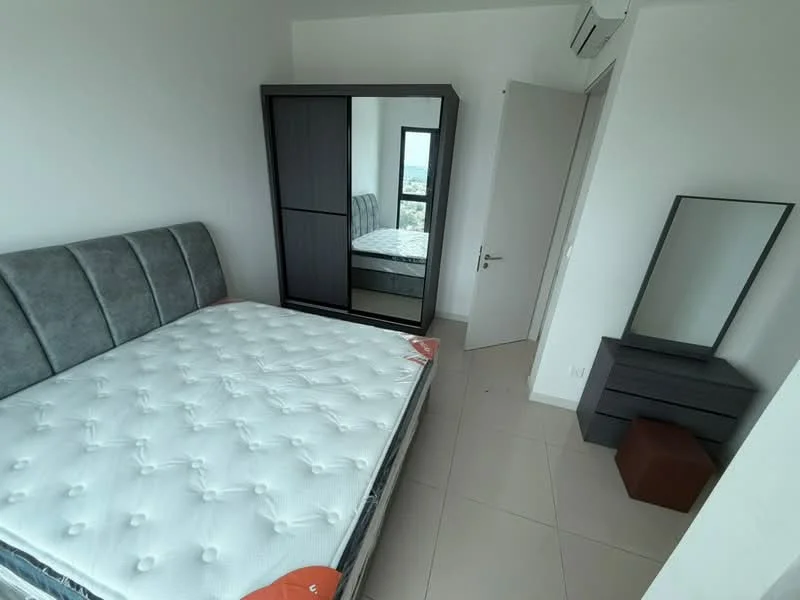 Bedroom features: queen-size bed, upholstered headboard, grey fabric bed frame, built-in wardrobe with sliding doors, full-length mirror on wardrobe, side table, brown ottoman, white walls, tile flooring, wall-mounted air conditioning unit; style: modern; view: city.