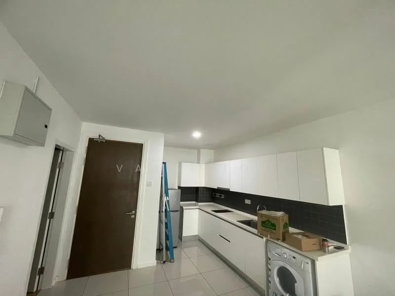 Kitchen features: white cabinetry, black tiled backsplash, stainless-steel sink, single-bowl stainless-steel sink, built-in oven, freestanding washing machine, white countertop, ceramic tile flooring, recessed downlights, door to exterior, ladder, box of items on countertop; style: modern.