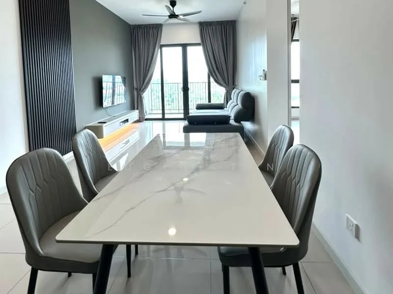 Dining features: white marble dining table, 6 upholstered dining chairs in grey, recessed downlights, floor-to-ceiling windows, grey accent wall, light grey tiled flooring, ceiling fan, TV console with wall-mounted TV; style: modern; view: city. Living features: grey fabric sectional sofa, wall-mounted TV, light grey tiled flooring, floor-to-ceiling windows, sheer curtains; style: modern; view: city.
