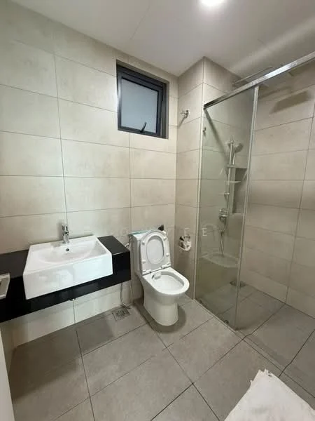 Bathroom features: grey tiled walls, light grey tiled flooring, walk-in shower with glass enclosure, chrome shower head, chrome handheld shower, single-bowl ceramic sink, wall-mounted faucet, black vanity with storage, one-piece toilet, window for natural light, recessed lighting; style: modern.