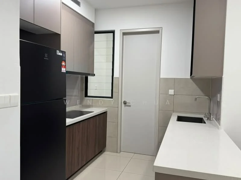 Kitchen features: black fridge, single-bowl stainless-steel sink, chrome pull-down faucet, white quartz countertop, brown wooden cabinetry, light grey upper cabinets, tile backsplash, wall-mounted window, door to hallway, ceramic tile flooring, recessed downlights; style: modern.
