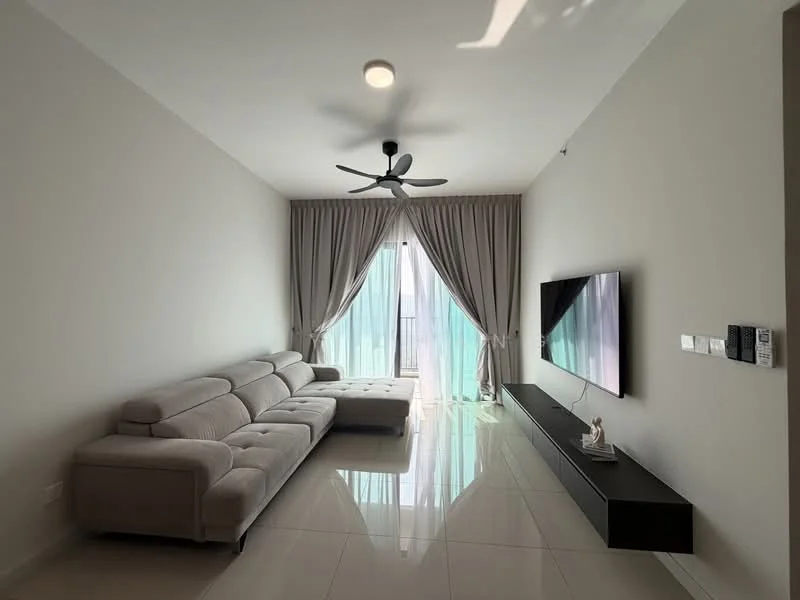 Living features: 3-seater fabric sofa in light grey, ceiling fan with light, wall-mounted TV, TV console in dark wood, floor-to-ceiling windows, sheer curtains, glossy tile flooring, decorative sculpture on console, natural light from balcony, neutral painted walls; style: modern; view: city.