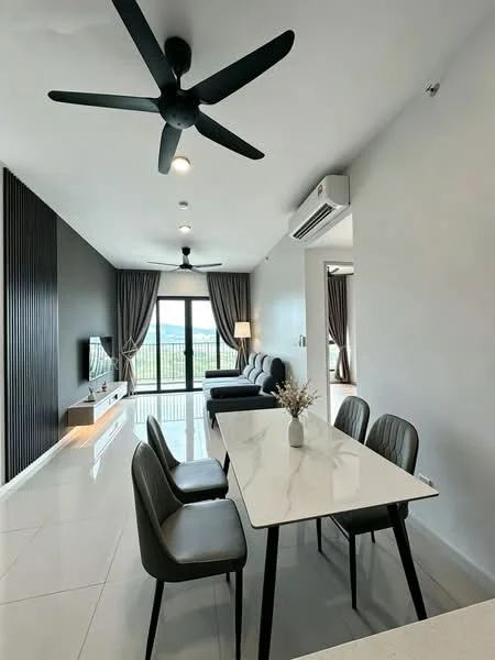 Dining features: white marble dining table, 4 black upholstered dining chairs, 5-blade ceiling fan with light, wall-mounted TV, grey accent wall, floor-to-ceiling windows, sheer curtains, sliding glass door, light-colored tiled flooring, decorative vase on table; style: modern; view: city. Living features: grey fabric sofa, 2-seater sofa, coffee table, TV console, wall-mounted TV, light-colored tiled flooring, floor-to-ceiling windows, sheer curtains, decorative lamp; style: modern; view: city.
