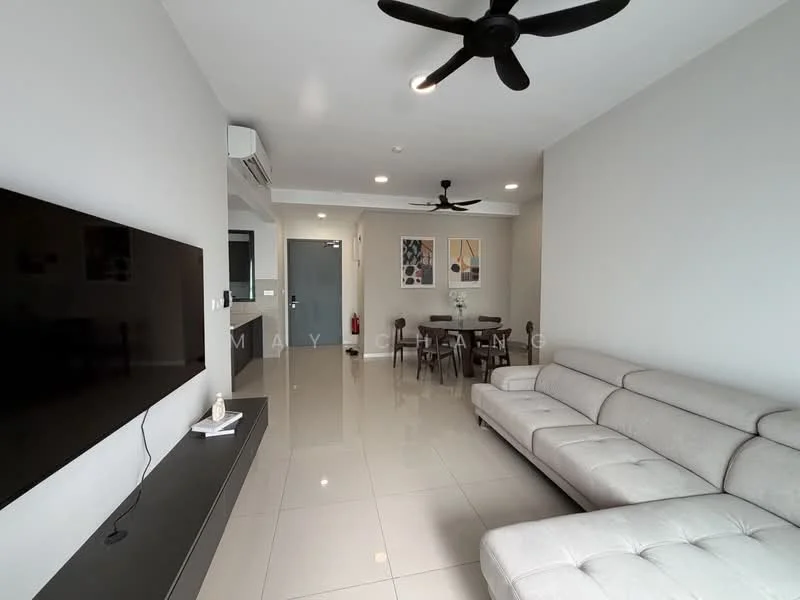 Living features: grey leather sectional sofa, wall-mounted flat-screen TV, black TV console, ceiling fan with light, recessed downlights, glossy tile flooring, neutral painted walls, dining table with chairs, artwork on walls; style: modern.