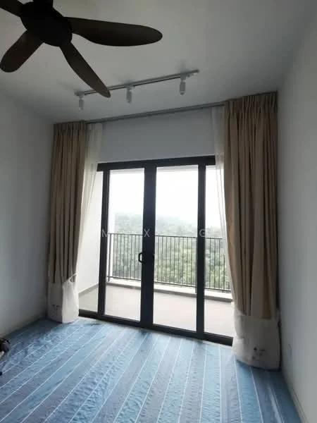 Room features: floor-to-ceiling sliding glass door, curtains in beige, ceiling fan, recessed downlights, blue carpet flooring, balcony view, white painted walls; style: modern; view: garden.