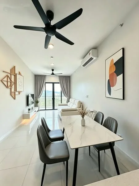 Dining features: white marble dining table, 4 upholstered dining chairs in grey, 5-blade ceiling fan in black, wall-mounted TV, light grey painted walls, large sliding glass door, floor-to-ceiling windows, curtains, decorative wall art, light-colored sofa, wooden wall decor, recessed downlights, tile flooring; style: modern; view: city.