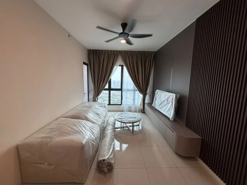 Living features: floor-to-ceiling windows, beige painted walls, dark accent wall with vertical slats, 3-seater sofa wrapped in protective covering, coffee table, TV console, ceiling fan with light, curtains, glossy tile flooring; style: modern; view: city.