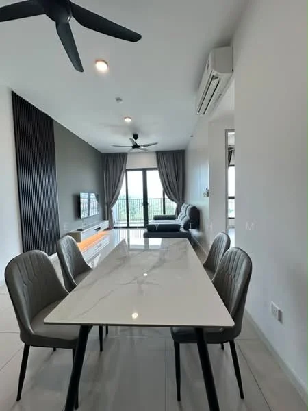 Dining features: marble dining table, 4 upholstered dining chairs, white walls, grey accent wall, 5-blade ceiling fan, recessed downlights, floor-to-ceiling windows, curtains, TV console, sofa in living area visible; style: modern; view: city.