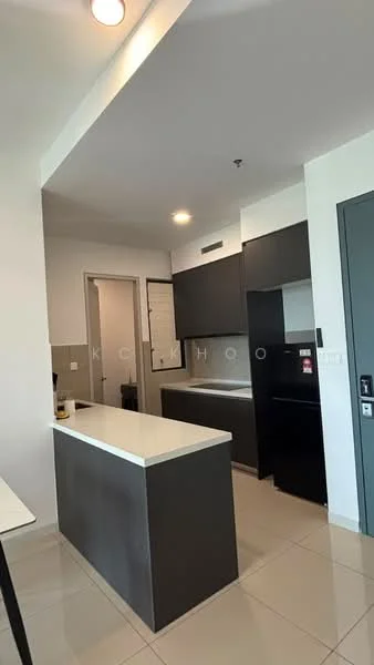 Kitchen features: white quartz countertop, black cabinetry, built-in refrigerator, freestanding range oven, single-bowl stainless-steel sink, chrome pull-down faucet, tile flooring, recessed downlights, open layout, wall-mounted cabinets, pantry cabinet, neutral wall color; style: modern.