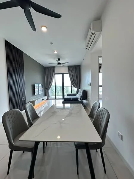Dining features: marble dining table, 4 upholstered dining chairs, white walls, grey accent wall, 5-blade ceiling fan, recessed downlights, floor-to-ceiling windows, curtains, TV console, sofa in grey fabric, open layout; style: modern; view: city.