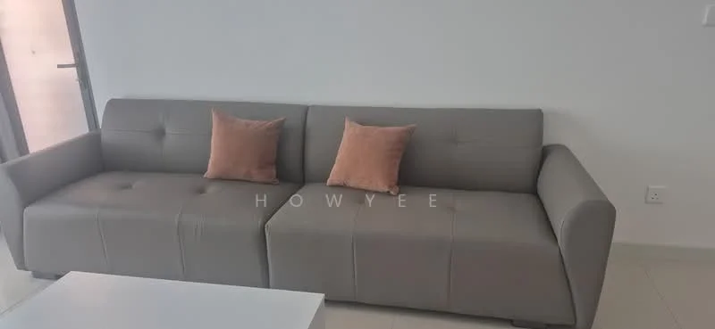 Living features: 3-seater fabric sofa in grey, 2 decorative cushions in orange, white coffee table, light-colored tiled flooring, white painted walls, floor-to-ceiling window, natural light from window; style: modern.