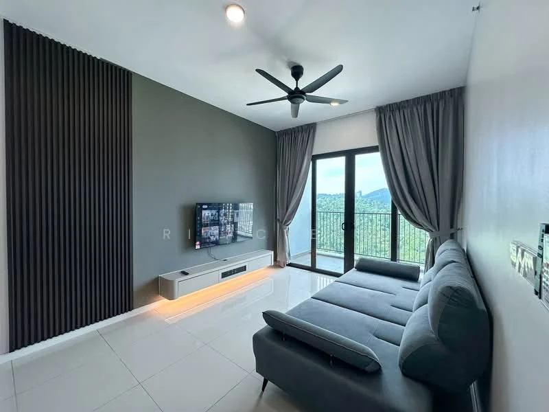Living features: grey fabric L-shape sectional sofa, wall-mounted TV, white TV console with storage, floor-to-ceiling windows, sliding glass door, curtains in grey, recessed downlights, ceiling fan with light, accent wall with dark wood paneling, white tiled flooring, mountain view from window; style: modern; view: mountain.