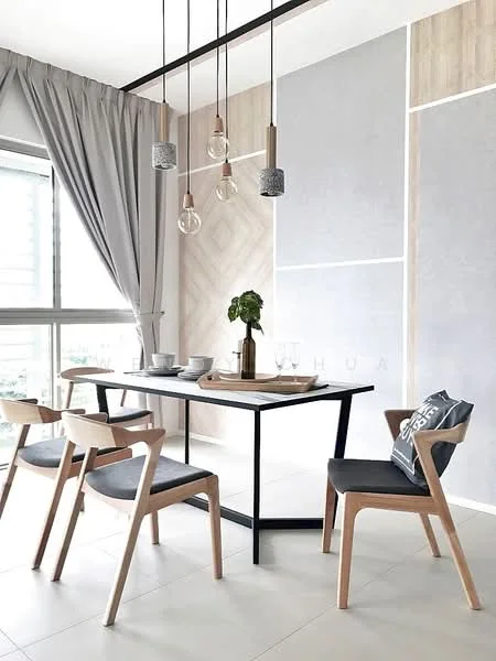 Dining features: rectangular dining table with black metal frame, 4 wooden dining chairs with grey upholstery, pendant lighting with glass bulbs, floor-to-ceiling window with sheer curtains, light grey wall with wood accents, light grey tiled flooring, decorative plant in a vase, table setting with plates and cutlery; style: modern; view: city.