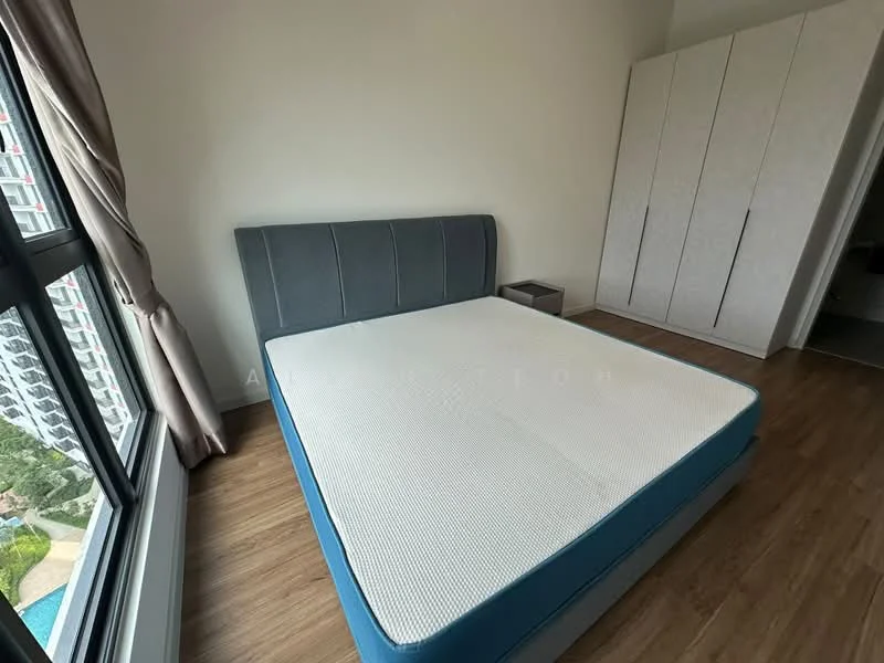 Bedroom features: queen-size bed with upholstered headboard, light grey bed frame, wooden flooring, floor-to-ceiling window, sheer curtains, built-in wardrobe with sliding doors, nightstand, view of swimming pool; style: modern; view: pool.