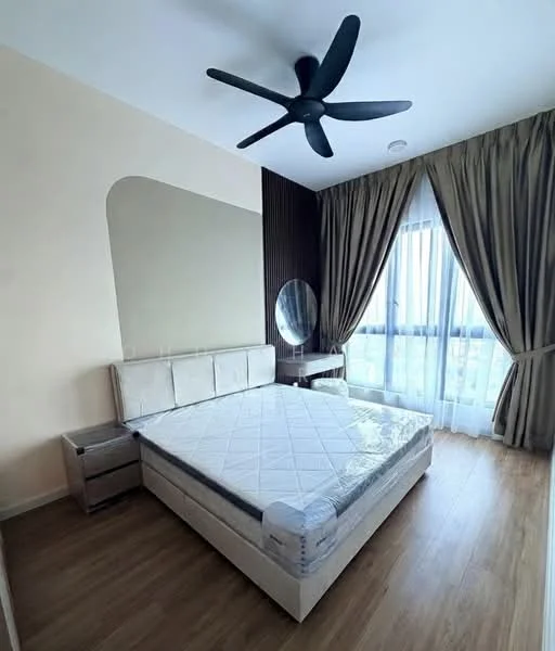 Bedroom features: queen-size bed, upholstered headboard, wooden bedside table, 5-blade ceiling fan, floor-to-ceiling windows, sheer curtains, dark wood accent wall, light beige painted walls, laminate flooring, decorative mirror; style: modern; view: city.