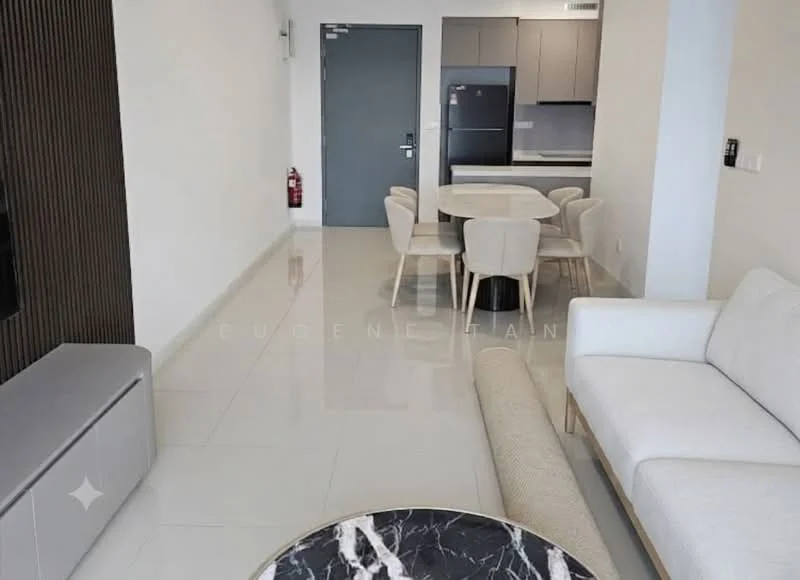 Living features: white walls, glossy tile flooring, sofa in light fabric, coffee table with marble top, TV console in grey, dining table for six, upholstered dining chairs, floor-to-ceiling windows, recessed downlights, kitchen area visible in background, fire extinguisher on wall; style: modern.