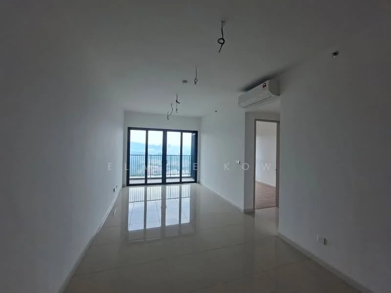 Living features: white painted walls, polished tile flooring, floor-to-ceiling windows, sliding glass door, recessed downlights, 1 wall-mounted split AC, open layout, sea view; style: modern; view: sea.