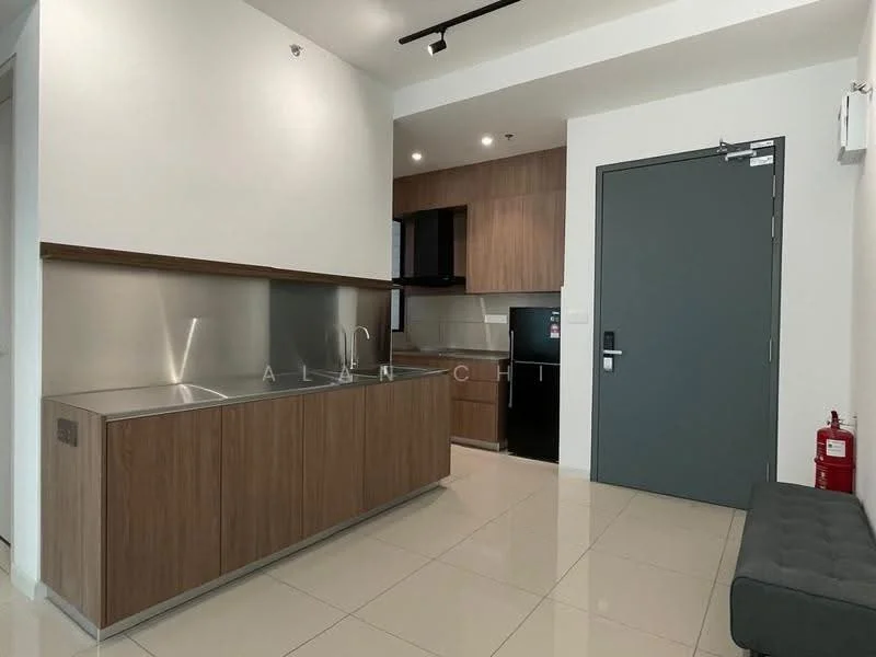 Kitchen features: wood cabinetry, stainless-steel countertop, single-bowl stainless-steel sink, chrome pull-down faucet, built-in oven, black fridge, ceramic tile flooring, recessed downlights, grey wall, fire extinguisher, open shelving, kitchen island, wall-mounted cabinet; style: modern.