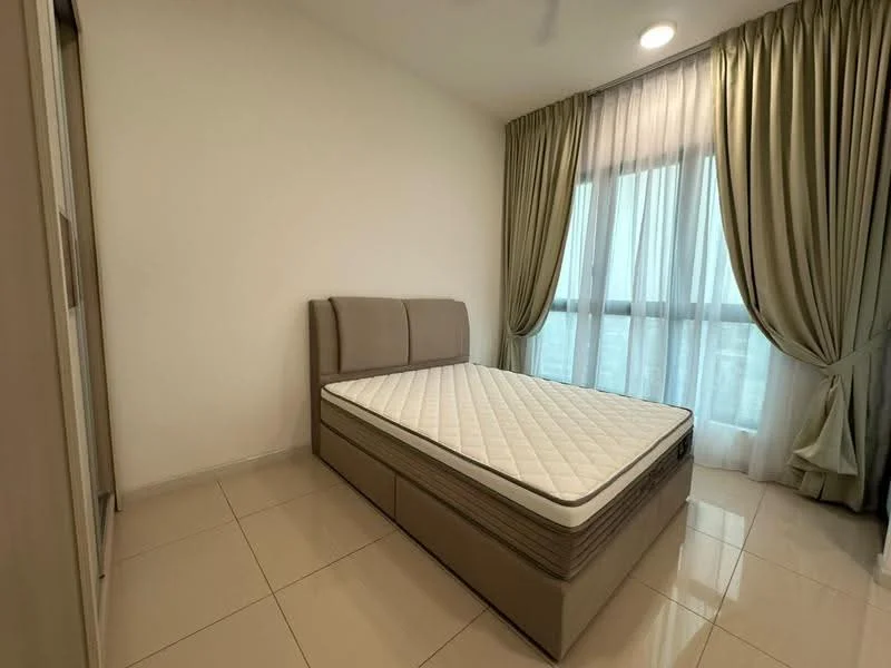 Bedroom features: queen-size bed, upholstered headboard, floor-to-ceiling windows, sheer curtains, cream painted walls, glossy tile flooring, ceiling fan, built-in wardrobe; style: modern; view: city.