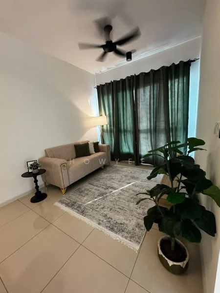 Living features: 3-seater fabric sofa in beige, black side table, floor lamp, green sheer curtains, light-colored area rug, potted plant, white painted walls, tile flooring, ceiling fan; style: modern.
