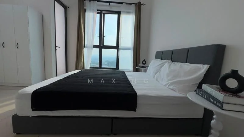 Bedroom features: king-size bed with upholstered headboard, white bedding, black throw blanket, floor-to-ceiling window, curtains in light beige, white bedside table, decorative vase on bedside table, white wardrobe, grey accent wall, tile flooring; style: modern; view: city.