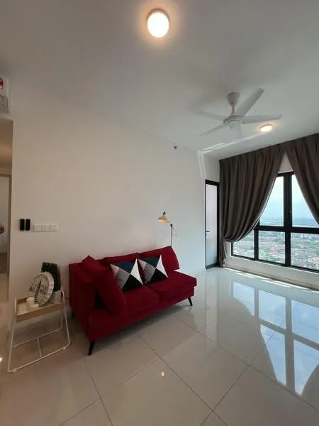 Living features: red fabric sofa, 3-seater sofa, black and white geometric throw pillows, white glossy tile flooring, floor-to-ceiling windows, curtains in grey, ceiling fan, wall-mounted lamp, decorative side table, city view; style: modern; view: city.