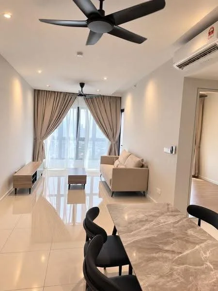 Living features: 5-blade ceiling fan with light, floor-to-ceiling windows, sheer curtains, cream painted walls, glossy tile flooring, sofa in light beige, TV console, coffee table, decorative wall, recessed downlights; style: modern; view: city. Dining features: 4-seater dining table with marble top, black dining chairs; style: modern.