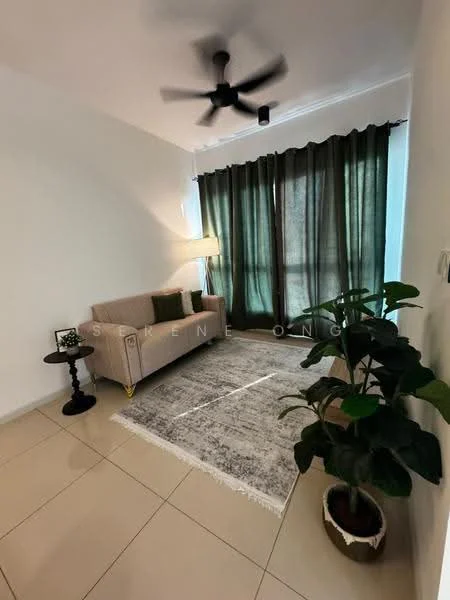 Living features: 3-seater fabric sofa in beige, black side table, floor lamp, green curtains, ceiling fan, area rug with geometric pattern, potted plant, white painted walls, tile flooring; style: modern.