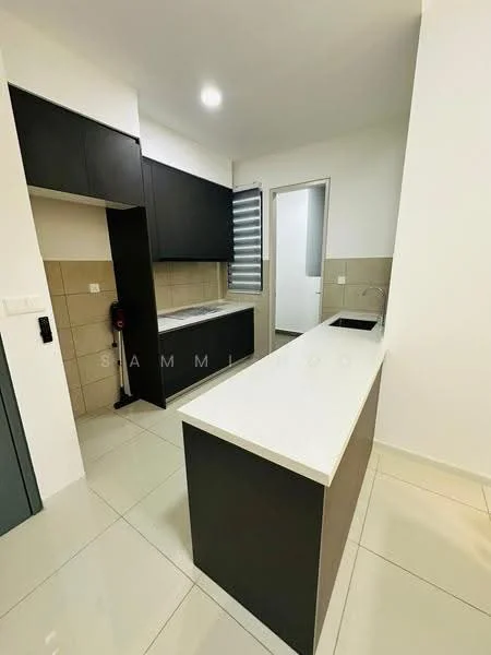 Kitchen features: black cabinetry, white countertop, stainless-steel sink, built-in oven, 4-burner gas hob, tile backsplash, sliding window with blinds, recessed downlights, ceramic tile flooring; style: modern.