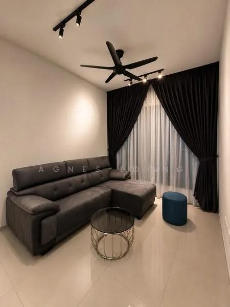 Living features: L-shape sectional sofa in grey, glass coffee table, 5-blade ceiling fan, recessed downlights, floor-to-ceiling windows, sheer curtains, blackout curtains, glossy tile flooring, white painted walls; style: modern.