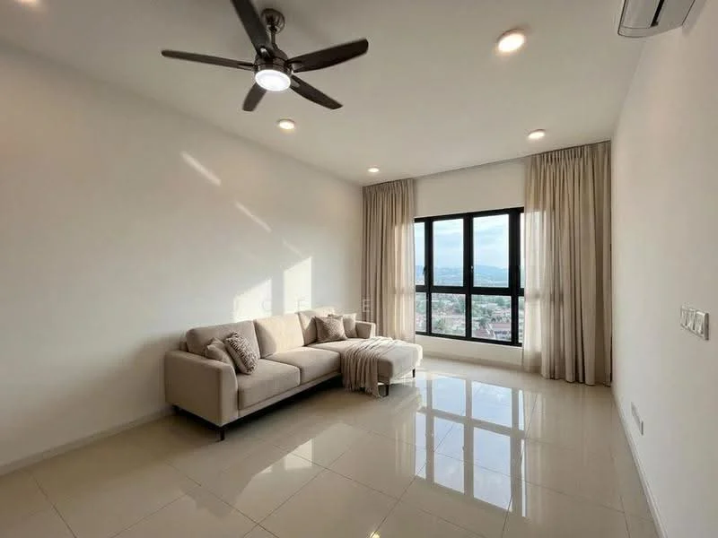 Living features: 3-seater fabric sofa in beige, ceiling fan with light, floor-to-ceiling windows, sheer curtains, white painted walls, glossy ceramic tile flooring, recessed downlights, decorative throw pillows, neutral area rug, mountain view; style: modern; view: mountain.
