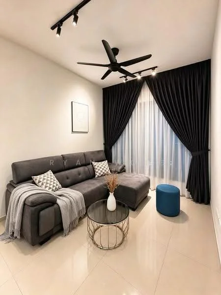 Living features: L-shape sectional sofa in grey, decorative throw blanket, 2 decorative cushions, round coffee table with metallic base, blue ottoman, floor-to-ceiling windows, sheer curtains, blackout curtains, recessed LED downlights, 5-blade ceiling fan with light, cream painted walls, glossy tile flooring; style: modern.