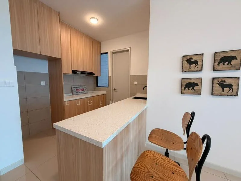 Kitchen features: light wood cabinetry, white quartz countertop, built-in oven, stainless-steel cooktop, single-bowl stainless-steel sink, chrome pull-down faucet, tile backsplash, recessed downlights, bar seating with wooden stools, neutral tile flooring, window for natural light, open layout; style: modern.