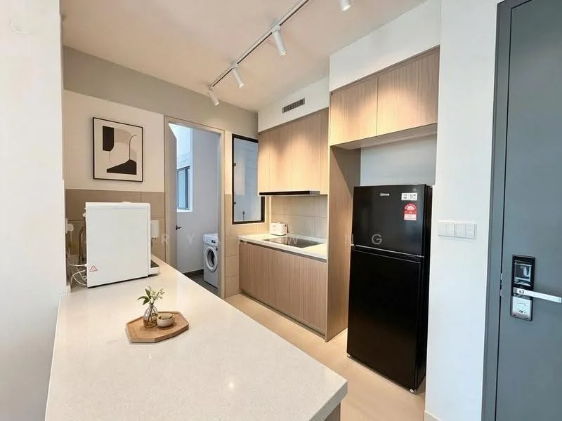 Kitchen features: white quartz countertop, light wood cabinetry, black refrigerator, built-in oven, single-bowl stainless-steel sink, chrome pull-down faucet, ceramic tile flooring, track lighting, washing machine, window with natural light, decorative plant on countertop; style: modern.